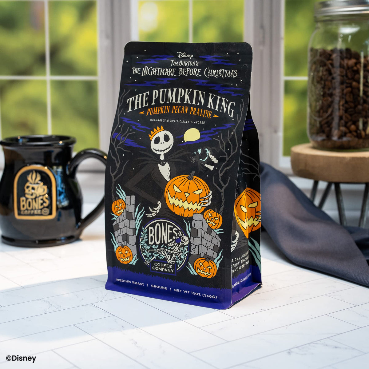 Bones Coffee Pumpkin King packaging preserves freshness with resealable bags.