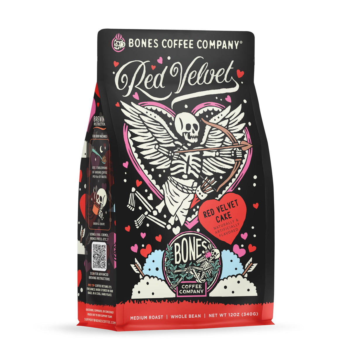 Bones Coffee Red Velvet bag with front label highlighting premium flavor
