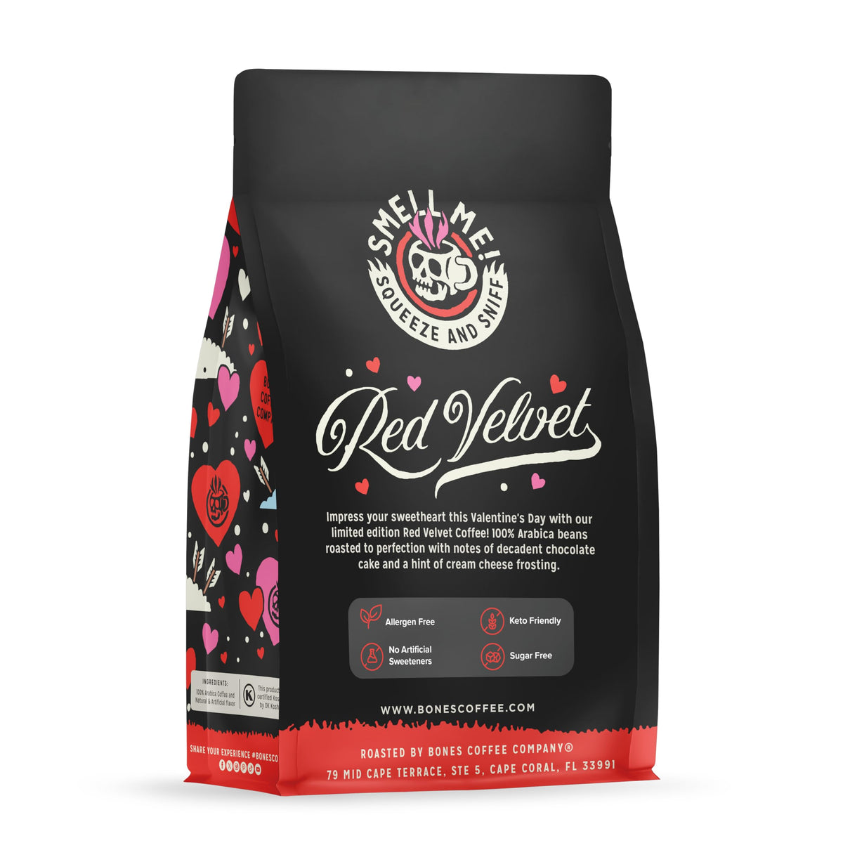 Bones Coffee Red Velvet cup steaming with inviting morning aroma