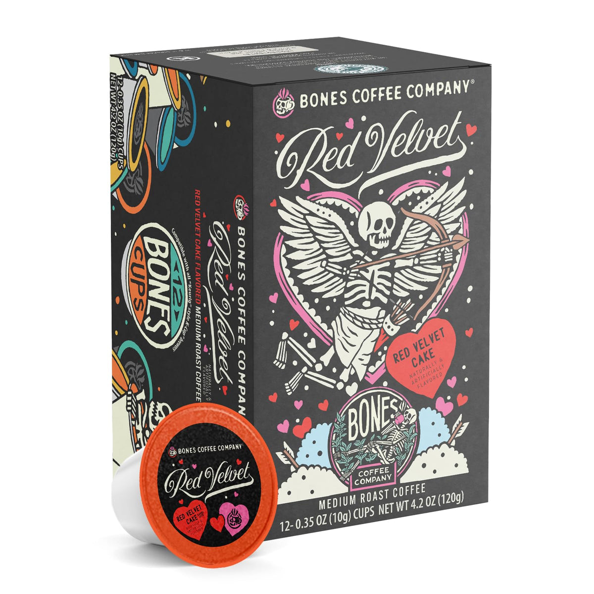 Bones Coffee Red Velvet pods front view, festive low-acid brew option.