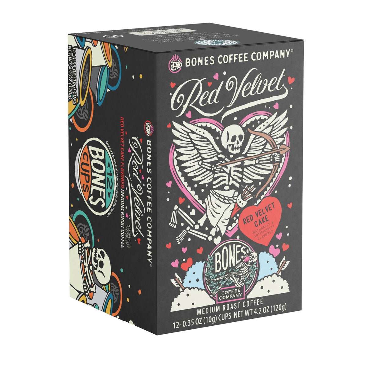 Bones Coffee Red Velvet pods packaging highlights gifting-ready presentation.