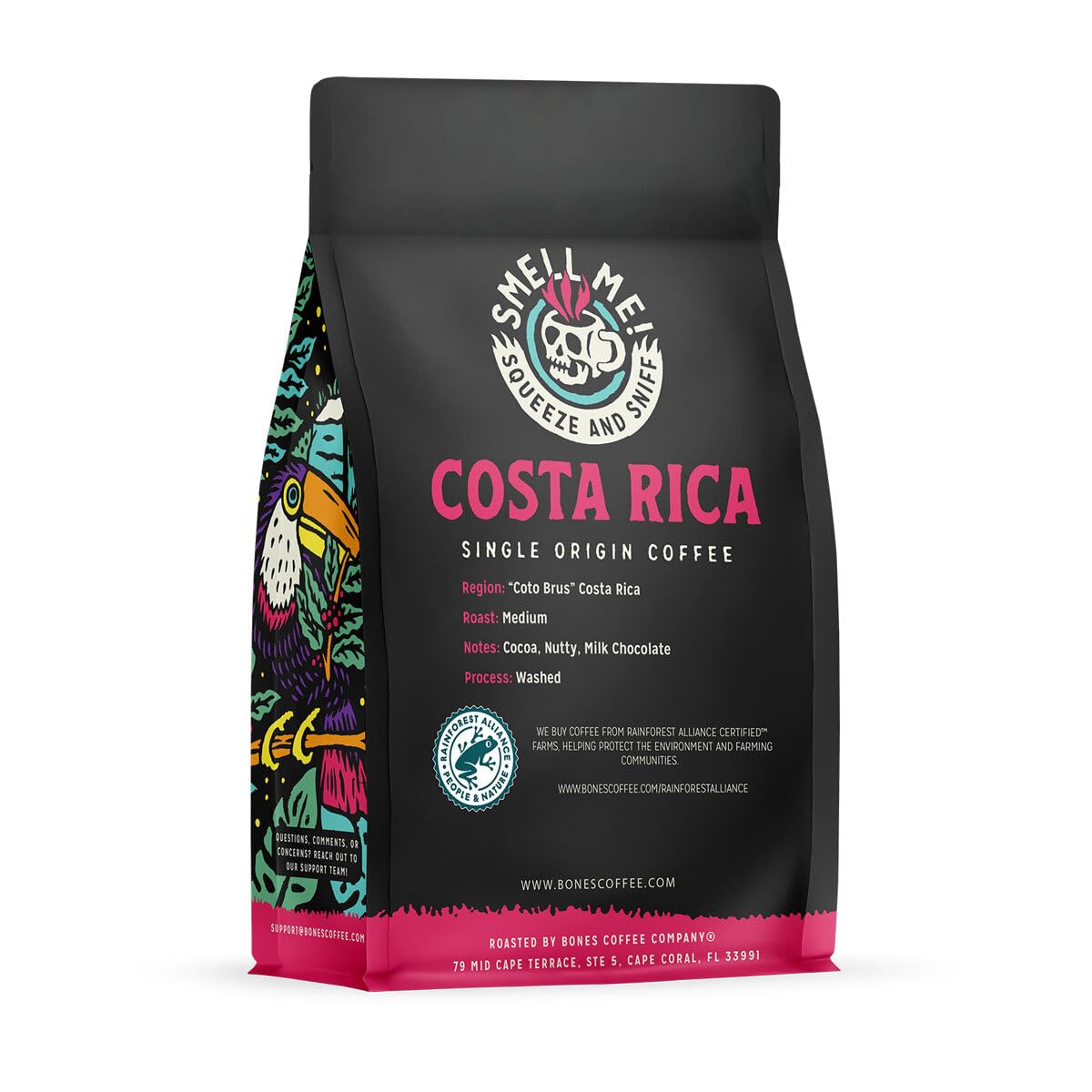 Bones Coffee roasted arabica beans closeup showing rich notes and smooth finish.