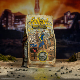 Bones Coffee Rocky Route 66 bag label highlights flavor notes and roast level.