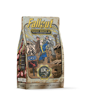Bones Coffee Rocky Route 66 brew being poured, bold flavor with a smooth finish.