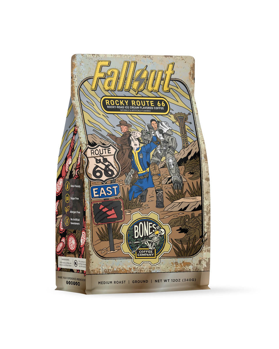 Bones Coffee Rocky Route 66 brew being poured, bold flavor with a smooth finish.