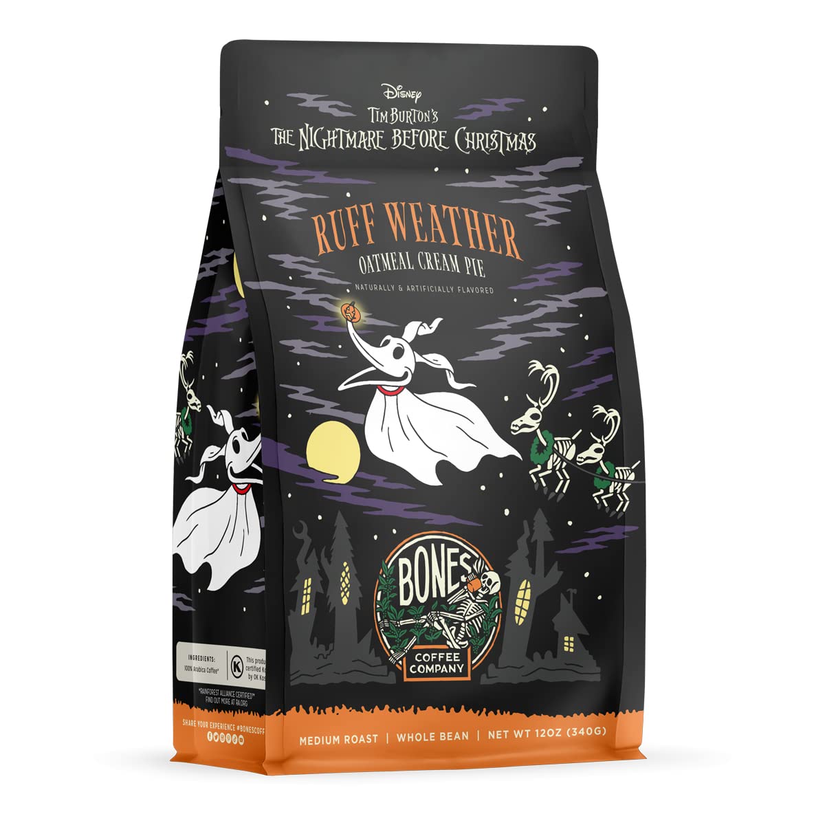 Bones Coffee Ruff Weather beans bag closeup, inviting rich aroma.