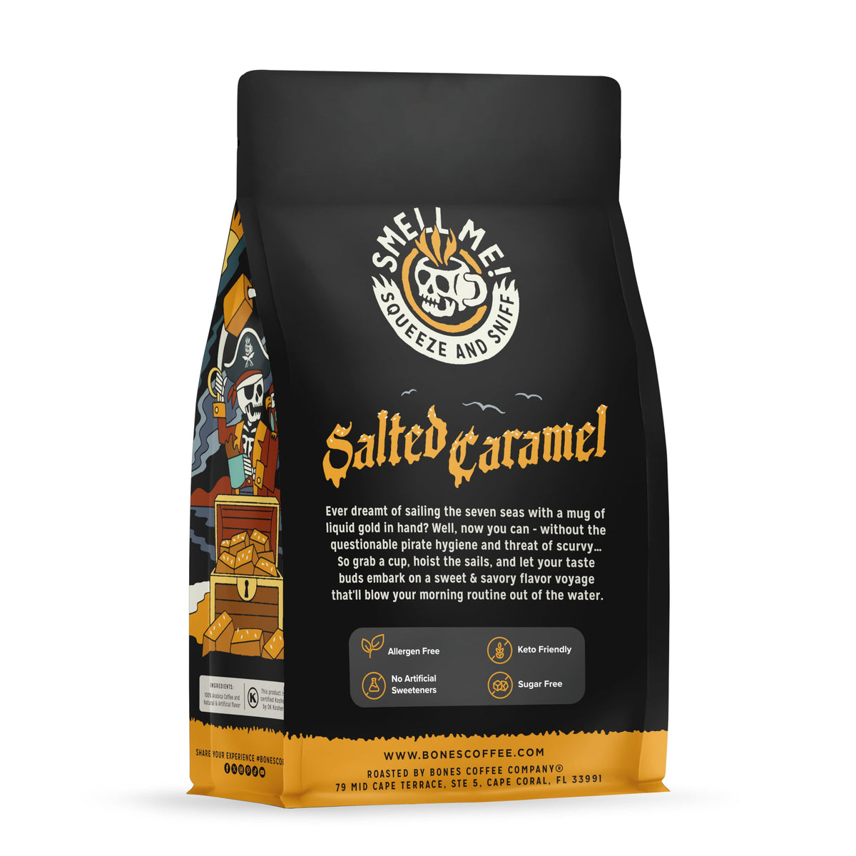 Bones Coffee salted caramel coffee bag sealed for freshness