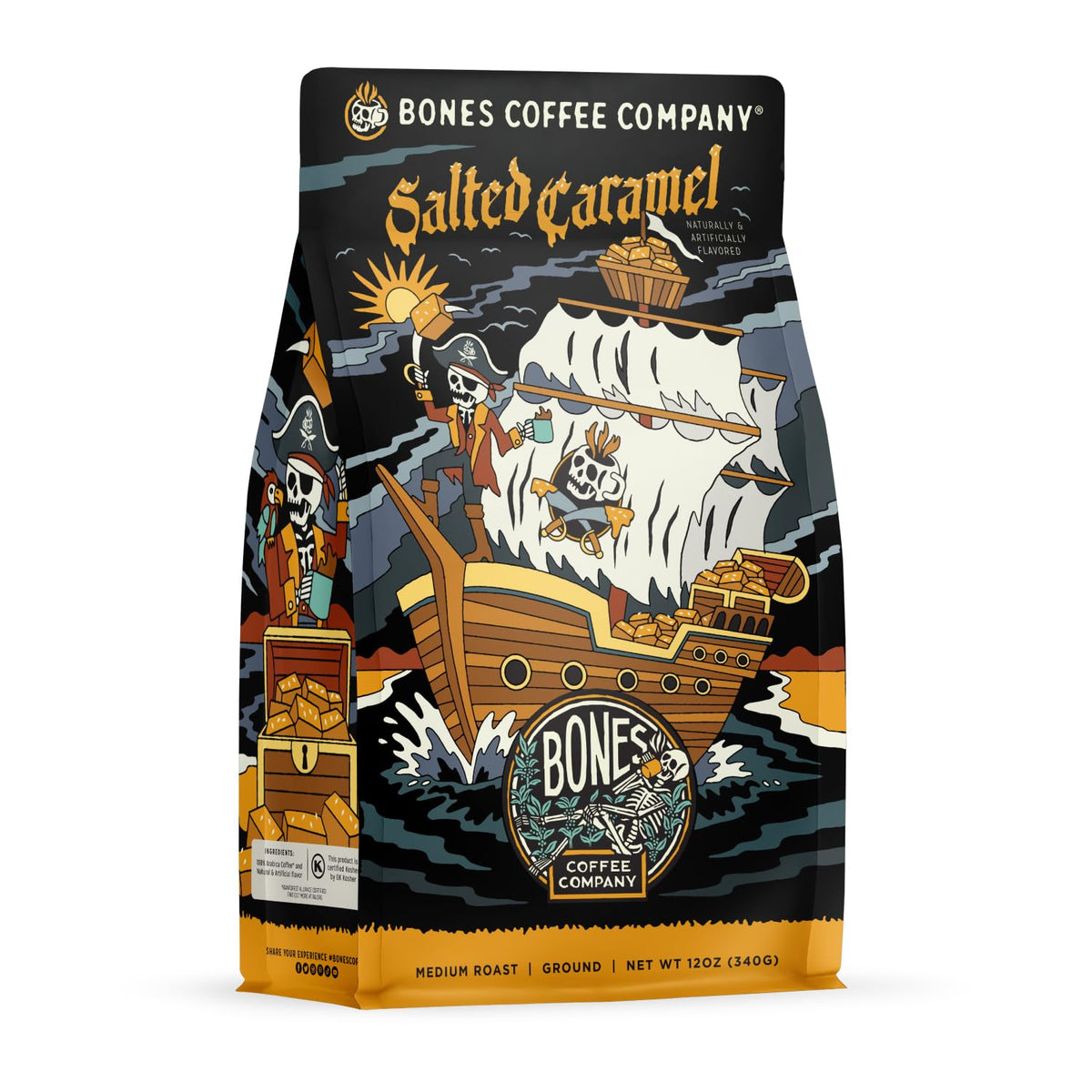 Bones Coffee salted caramel coffee bag showing balanced flavor and aroma