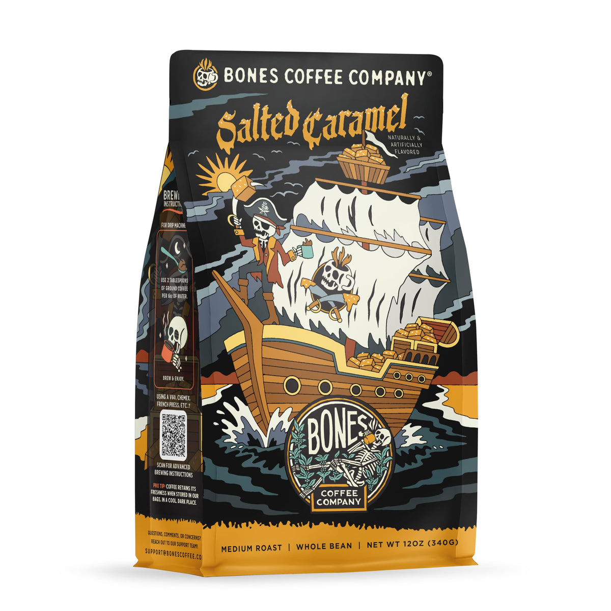 Bones Coffee salted caramel beans ready for grinding for a flavorful morning