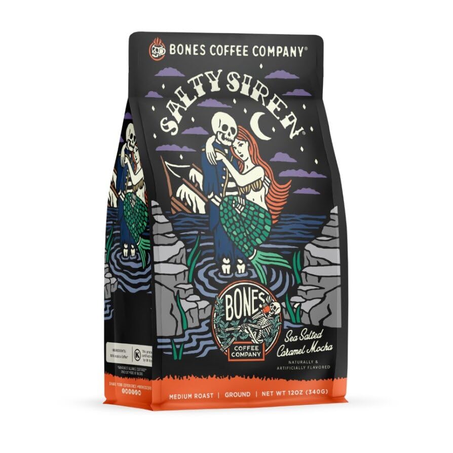 Bones Coffee Salty Siren bag front shows flavor label and resealable packaging