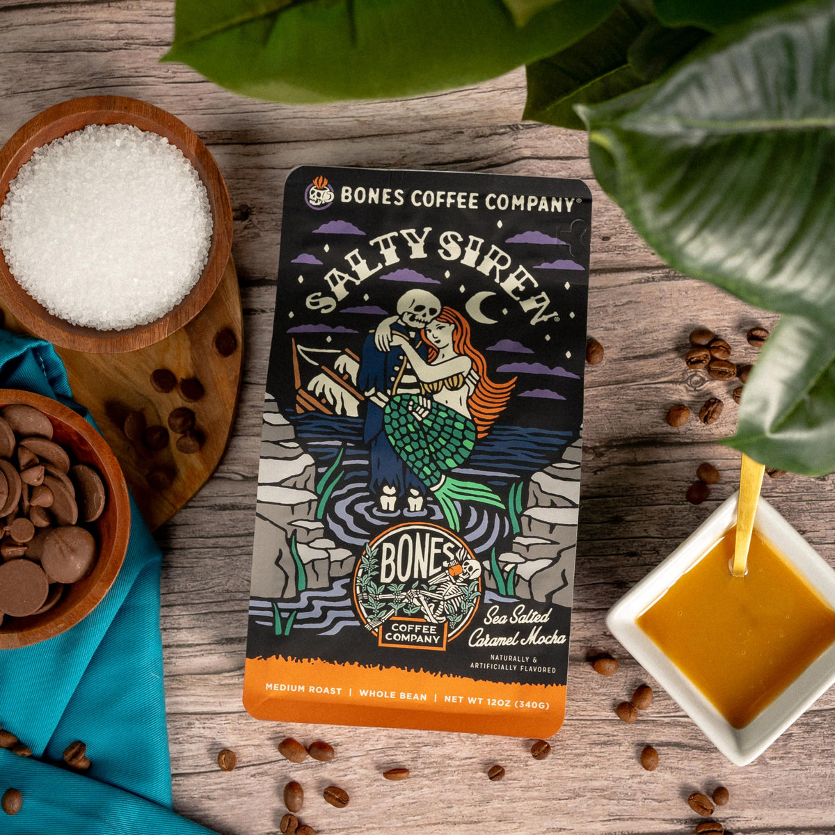 Bones Coffee Salty Siren beans closeup showing glossy medium roast aroma and low acidity.