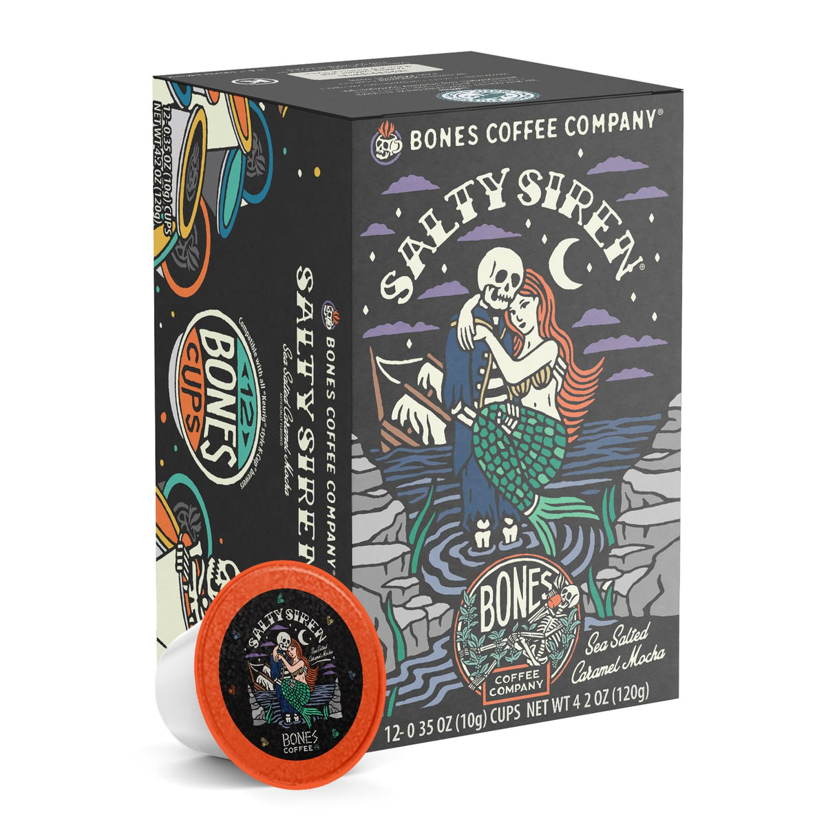 Bones Coffee Salty Siren packaging showcasing caramel, chocolate, and sea salt flavor.