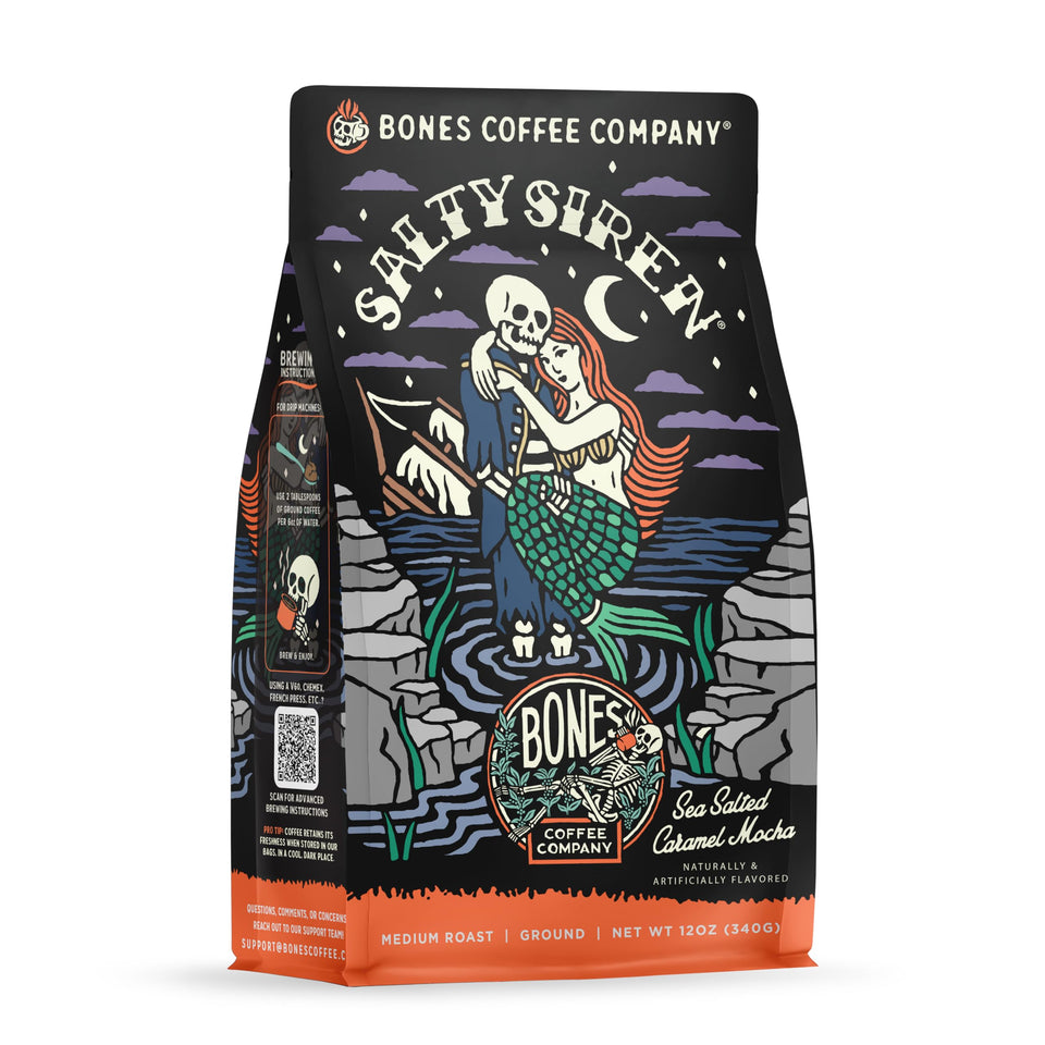 Bones Coffee Salty Siren cup with caramel sea salt flavor and rich aroma for a comforting morning