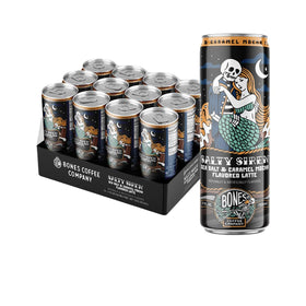 Bones Coffee Salty Siren Latte can close-up with caramel, chocolate, sea salt notes.