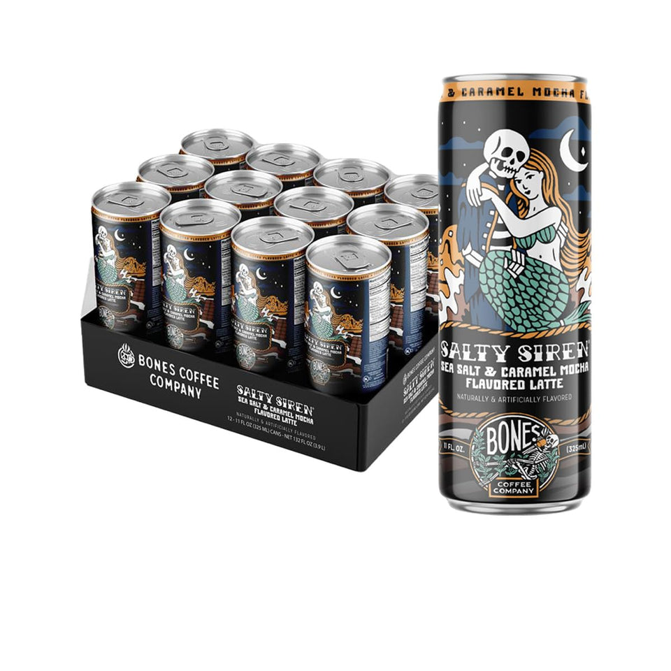 Bones Coffee Salty Siren Latte can close-up with caramel, chocolate, sea salt notes.