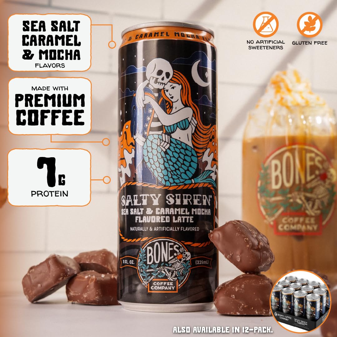 Bones Coffee Salty Siren Latte 12-pack displayed on shelf.