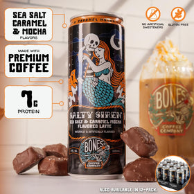 Bones Coffee Salty Siren Latte 12-pack displayed on shelf.