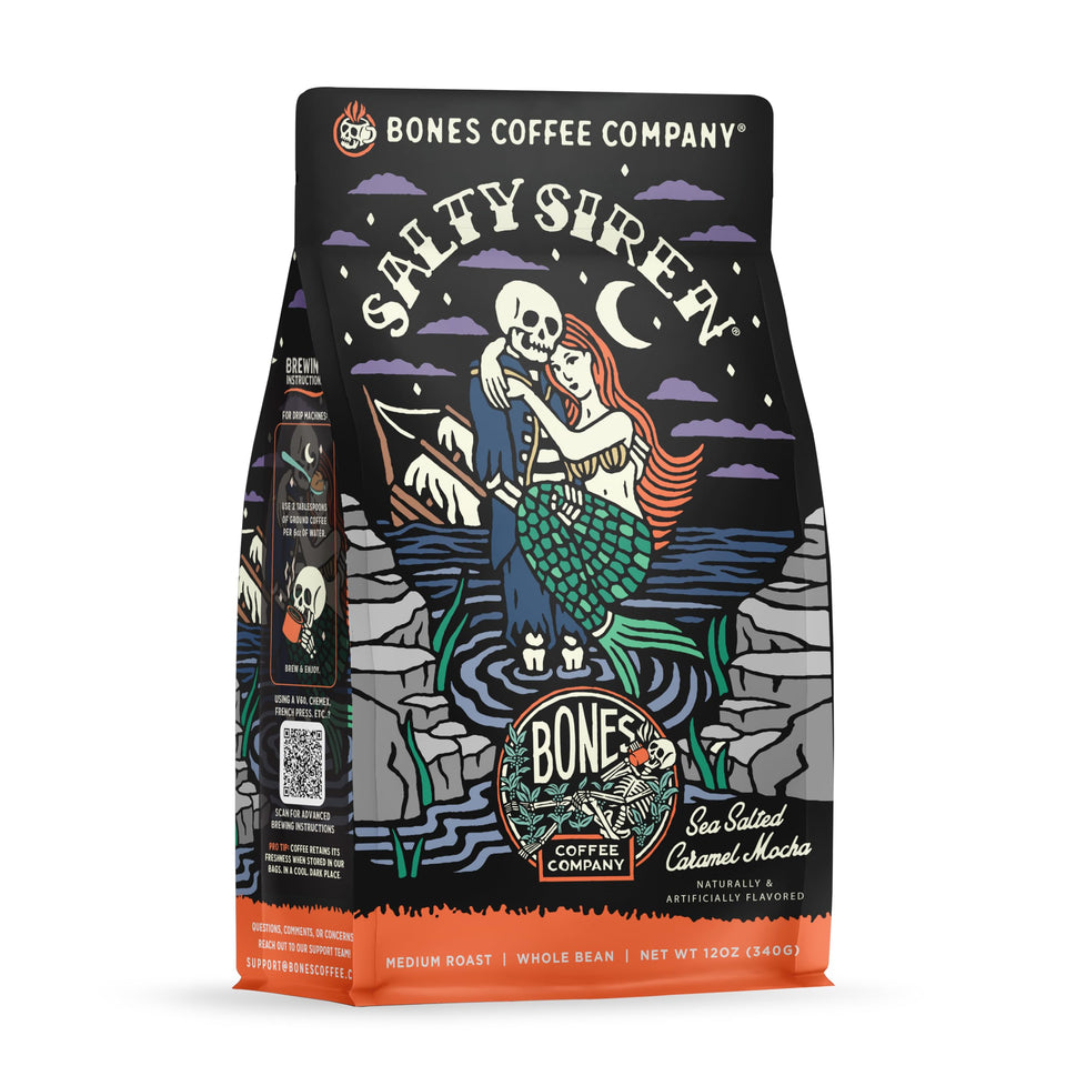 Bones Coffee Salty Siren beans reveal sea-salted caramel chocolate flavor for a rich morning ritual.