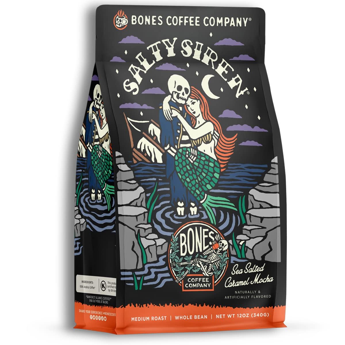 Bones Coffee Salty Siren decaf with sea-salted caramel chocolate aroma for cozy mornings.