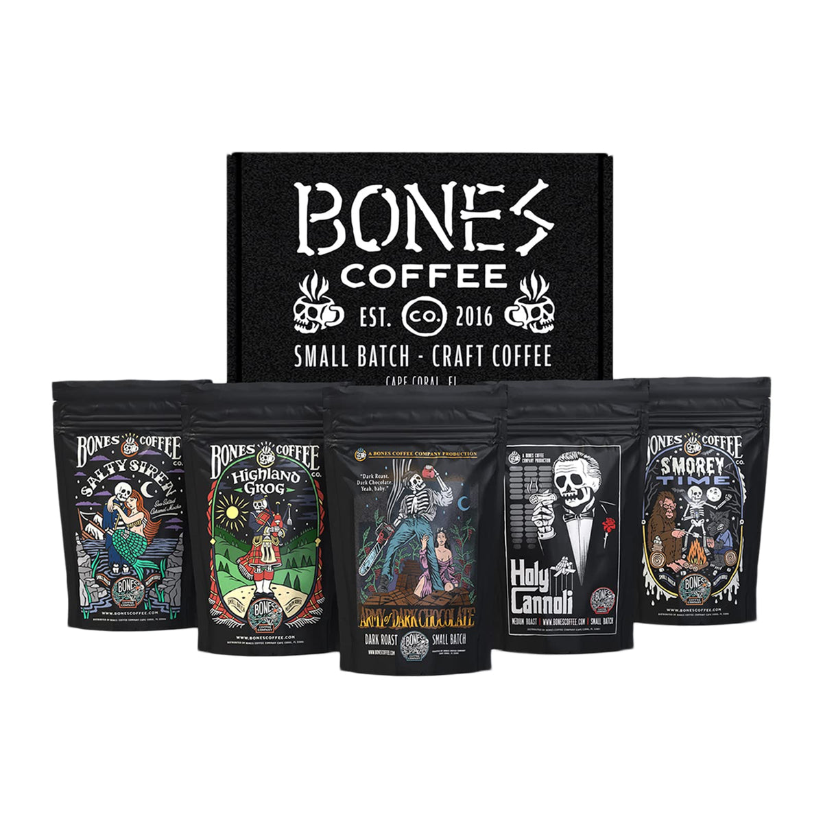 Bones Coffee sampler pack with five flavors for versatile morning routines.