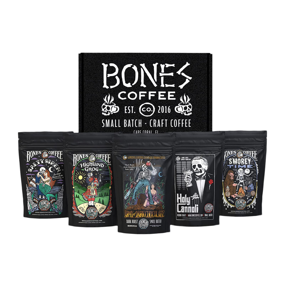 Bones Coffee sampler pack with five flavors for versatile morning routines.
