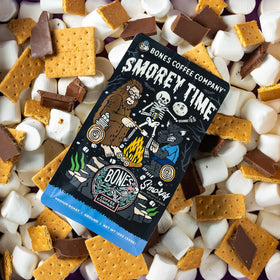 Bones Coffee S'morey Time arabica beans closeup highlighting smooth, low-acid profile
