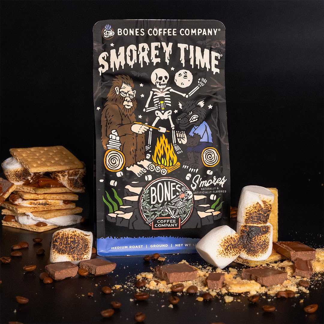 Bones Coffee S'morey Time ready-for-auto-drip setup with fresh grounds