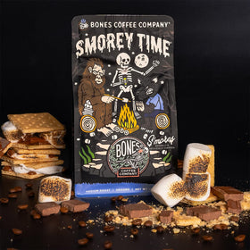 Bones Coffee S'morey Time ready-for-auto-drip setup with fresh grounds