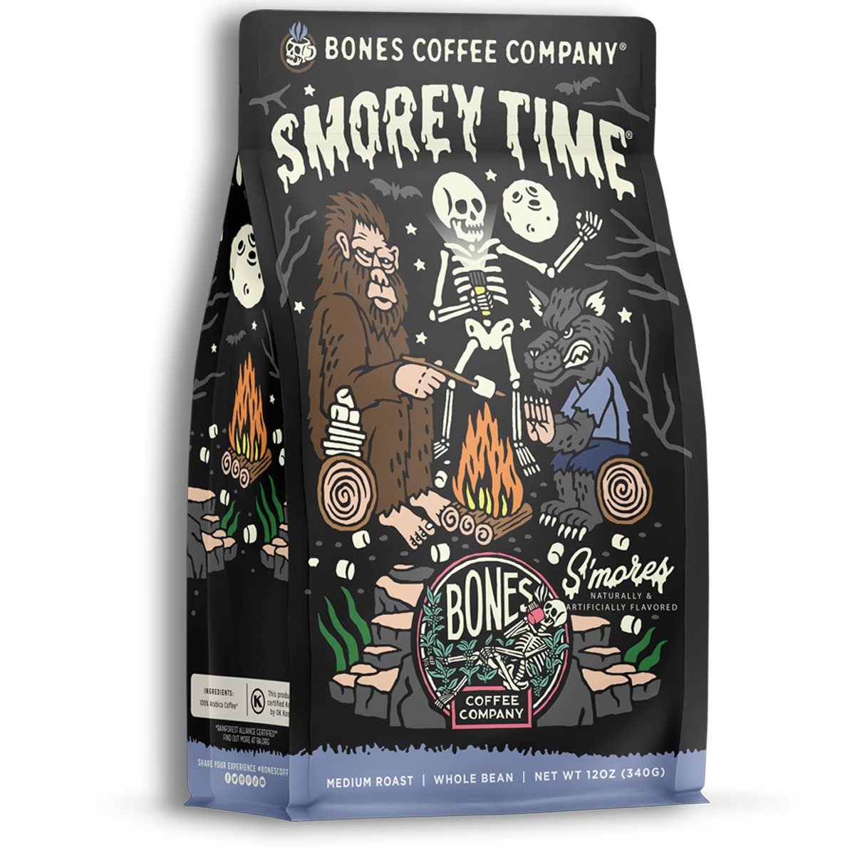 Bones Coffee S'morey Time bag front showing campfire flavor and low acidity