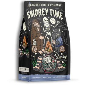 Bones Coffee S'morey Time bag front showing campfire flavor and low acidity