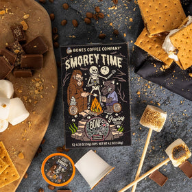 Bones Coffee Smorey Time brew being poured for smooth, flavorful coffee.
