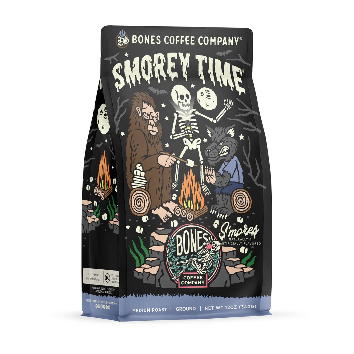 Bones Coffee S'morey Time campfire cup showing campfire aroma for cozy mornings