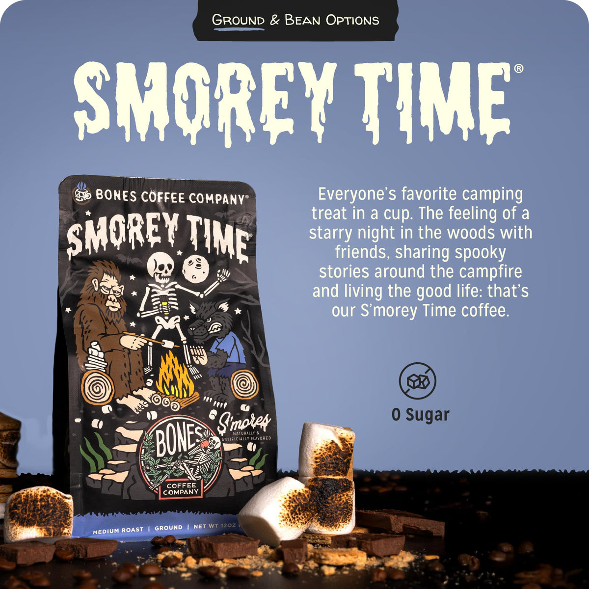 Bones Coffee S'morey Time chocolate-note aroma highlights rich cocoa flavors