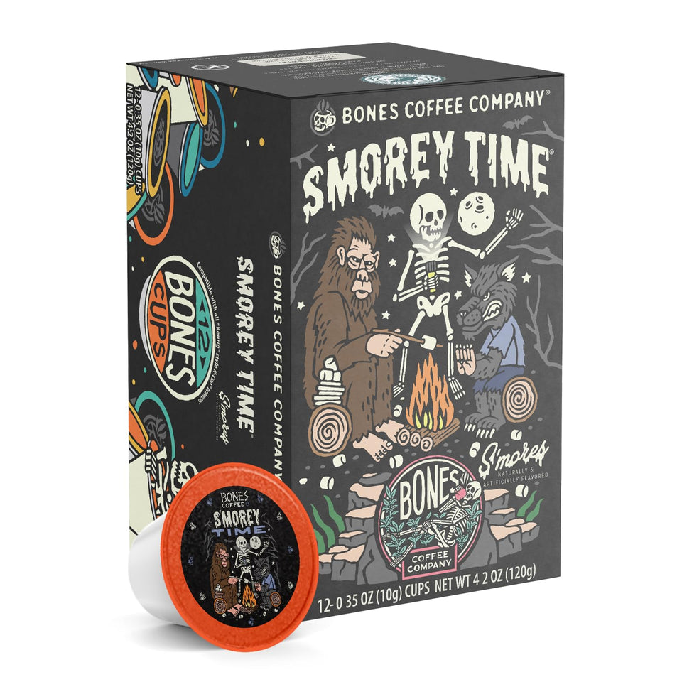 Bones Coffee Smorey Time pod packaging for quick single-serve flavor.