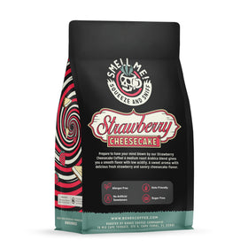 Bones Coffee Strawberry Cheesecake aroma fills a kitchen with berry and cheesecake tones.