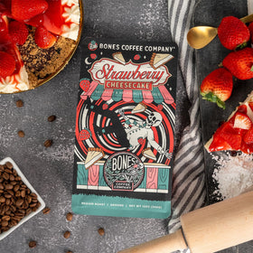 Bones Coffee Strawberry Cheesecake auto drip setup shows versatile brewing options.