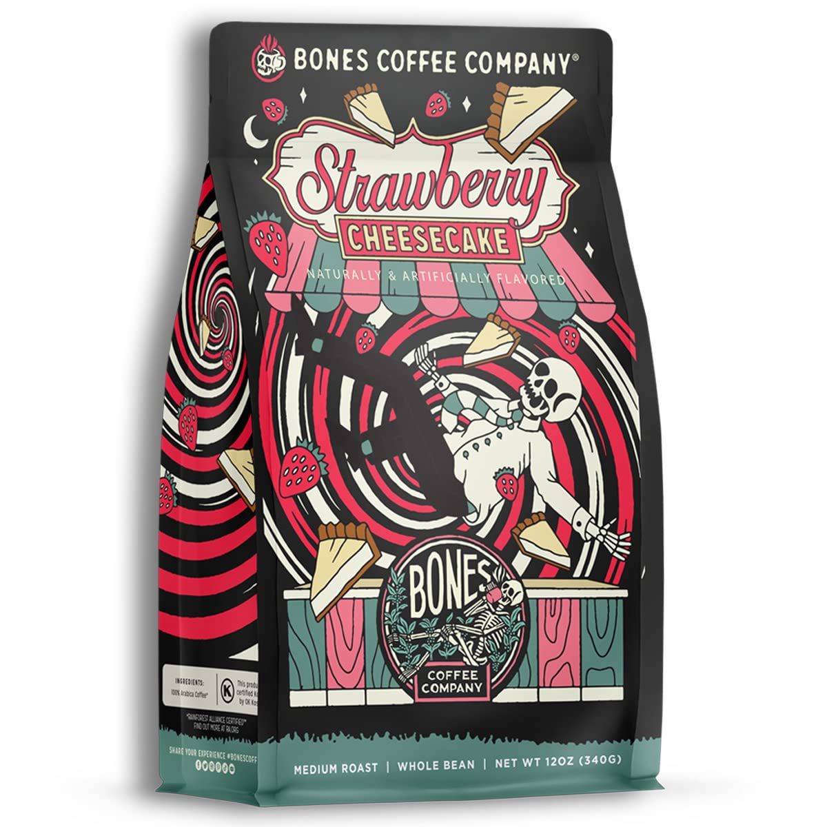 Bones Coffee Strawberry Cheesecake bag front for a smooth, low-acid morning start
