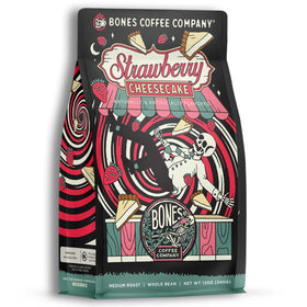 Bones Coffee Strawberry Cheesecake bag front for a smooth, low-acid morning start