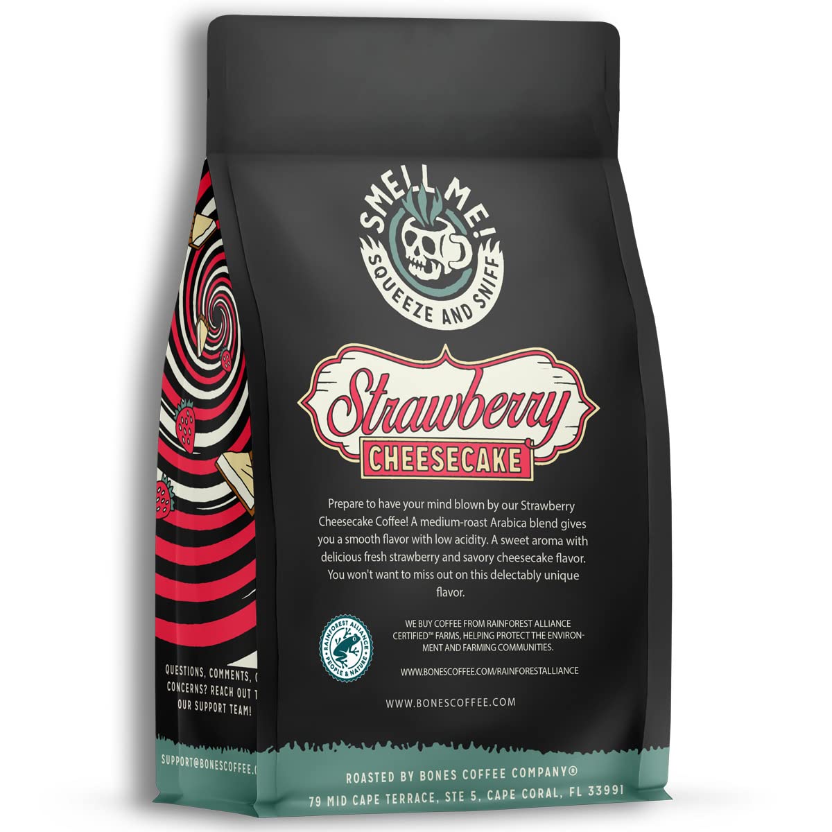 Bones Coffee Strawberry Cheesecake beans closeup showing premium arabica for flavorful brew