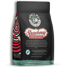 Bones Coffee Strawberry Cheesecake beans closeup showing premium arabica for flavorful brew
