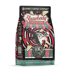 Bones Coffee Strawberry Cheesecake ground coffee in a resealable bag preserves freshness for auto drip.