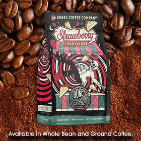 Bones Coffee Strawberry Cheesecake ground coffee ready for auto drip and pour-over