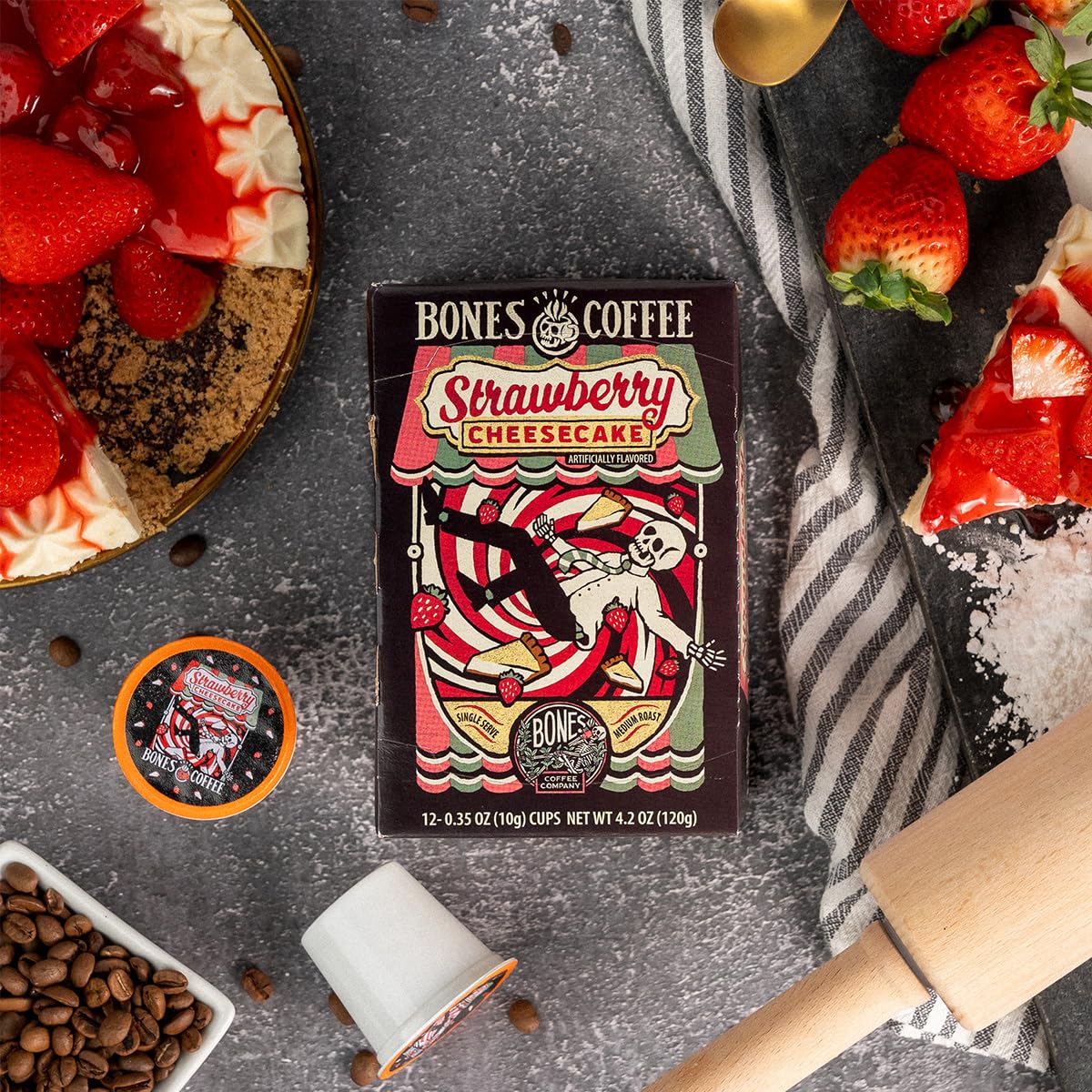 Bones Coffee strawberry cheesecake pods close-up aroma highlighting fruity notes
