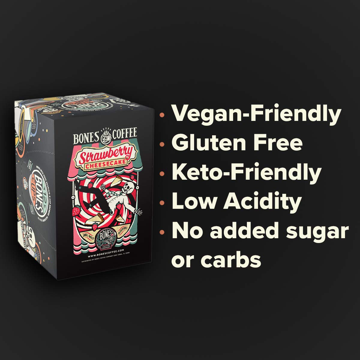 Bones Coffee strawberry cheesecake pods on a Keurig brewer demonstrating quick compatibility