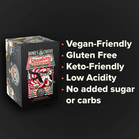 Bones Coffee strawberry cheesecake pods on a Keurig brewer demonstrating quick compatibility