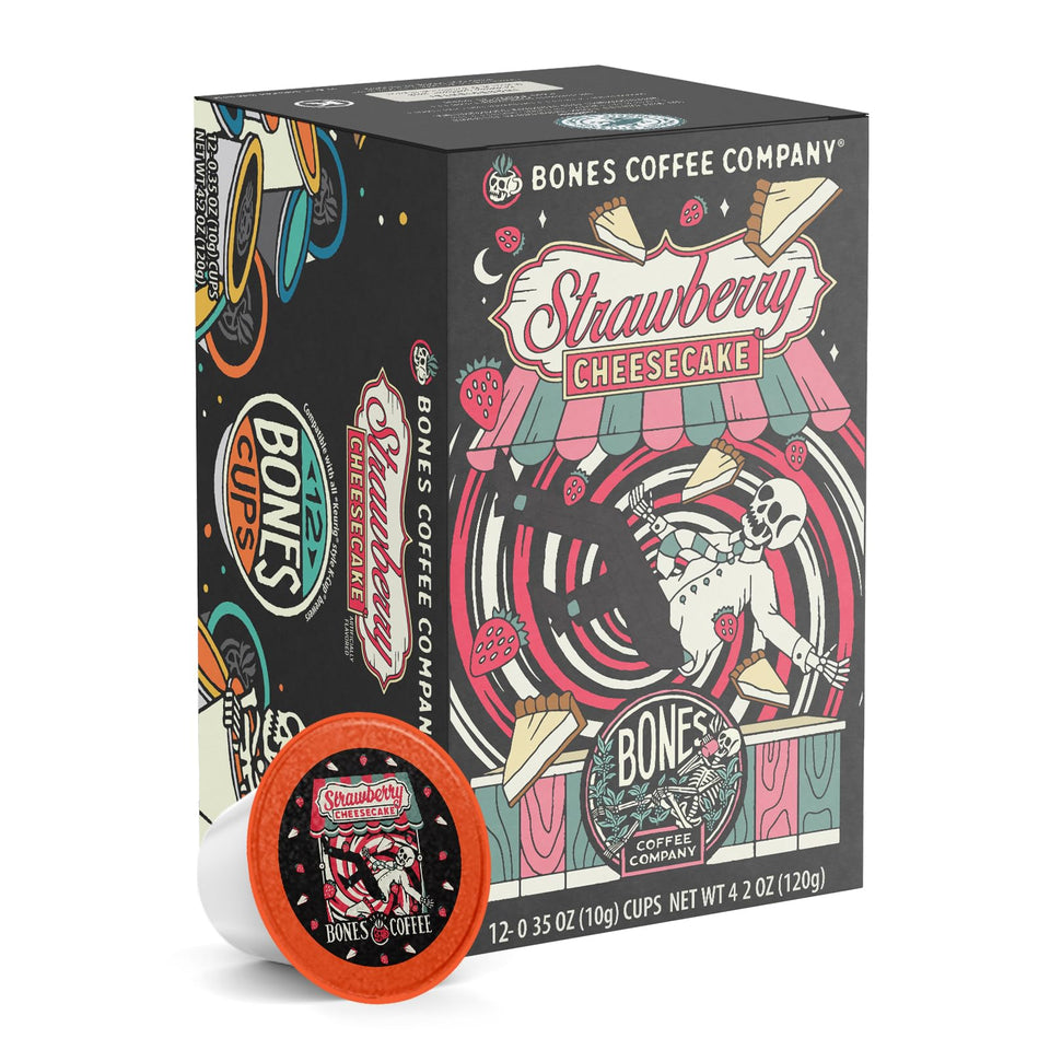 Bones Coffee Strawberry Cheesecake pods packshot highlighting flavor and convenience