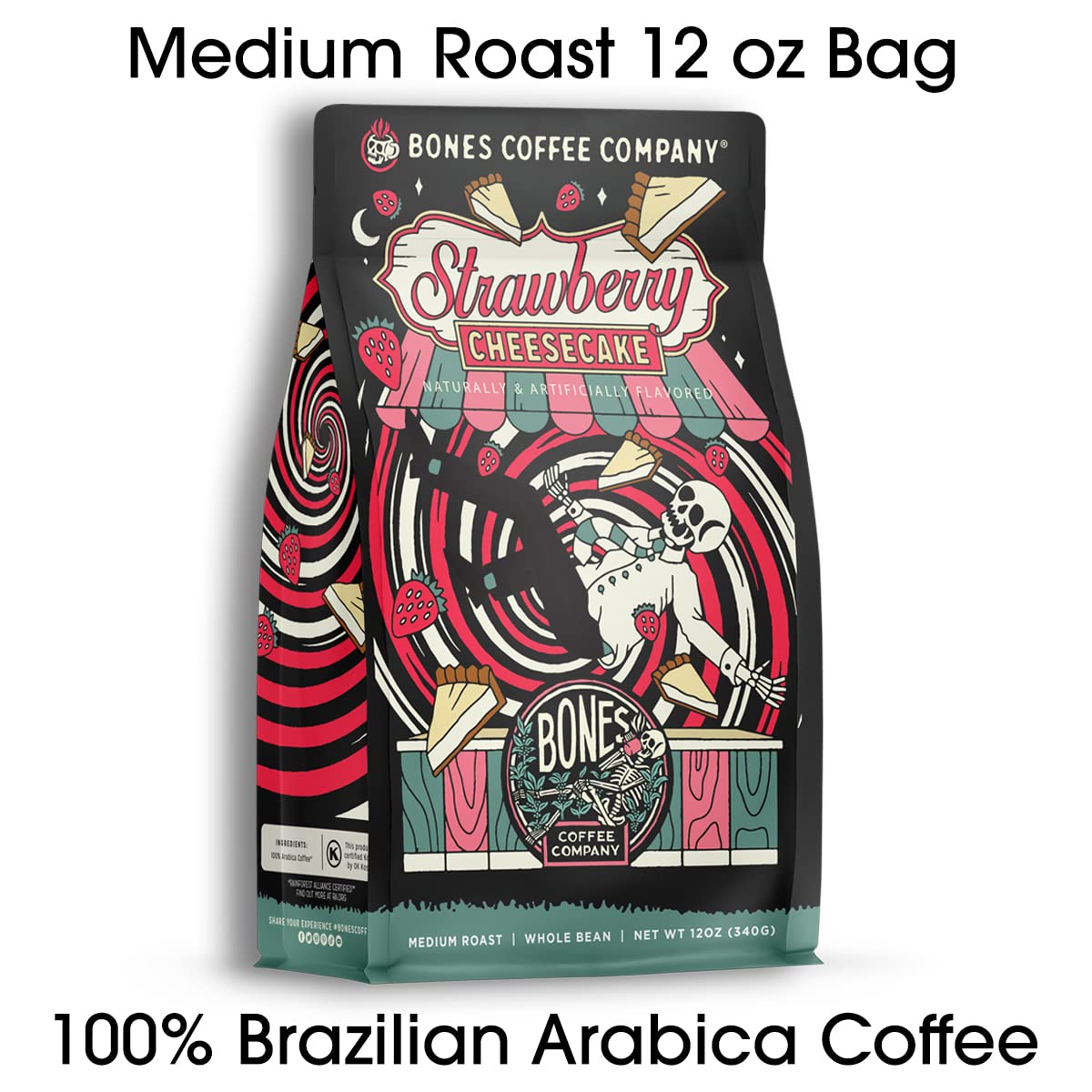 Bones Coffee Strawberry Cheesecake resealable bag preserves freshness between brews