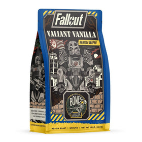 Bones Coffee Fallout Valiant Vanilla coffee bag with vanilla wafer flavor for home brewing.