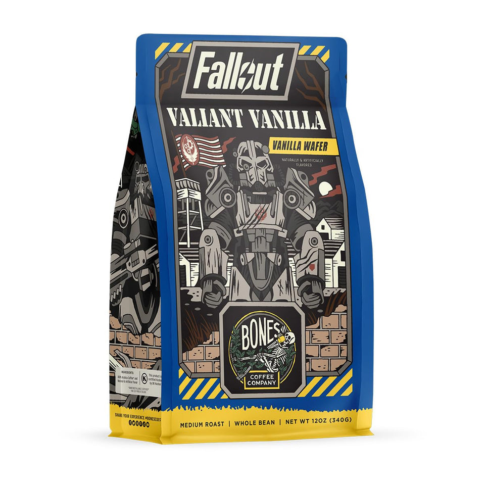 Bones Coffee Fallout Valiant Vanilla cup showing vanilla wafer flavor for a smooth morning.