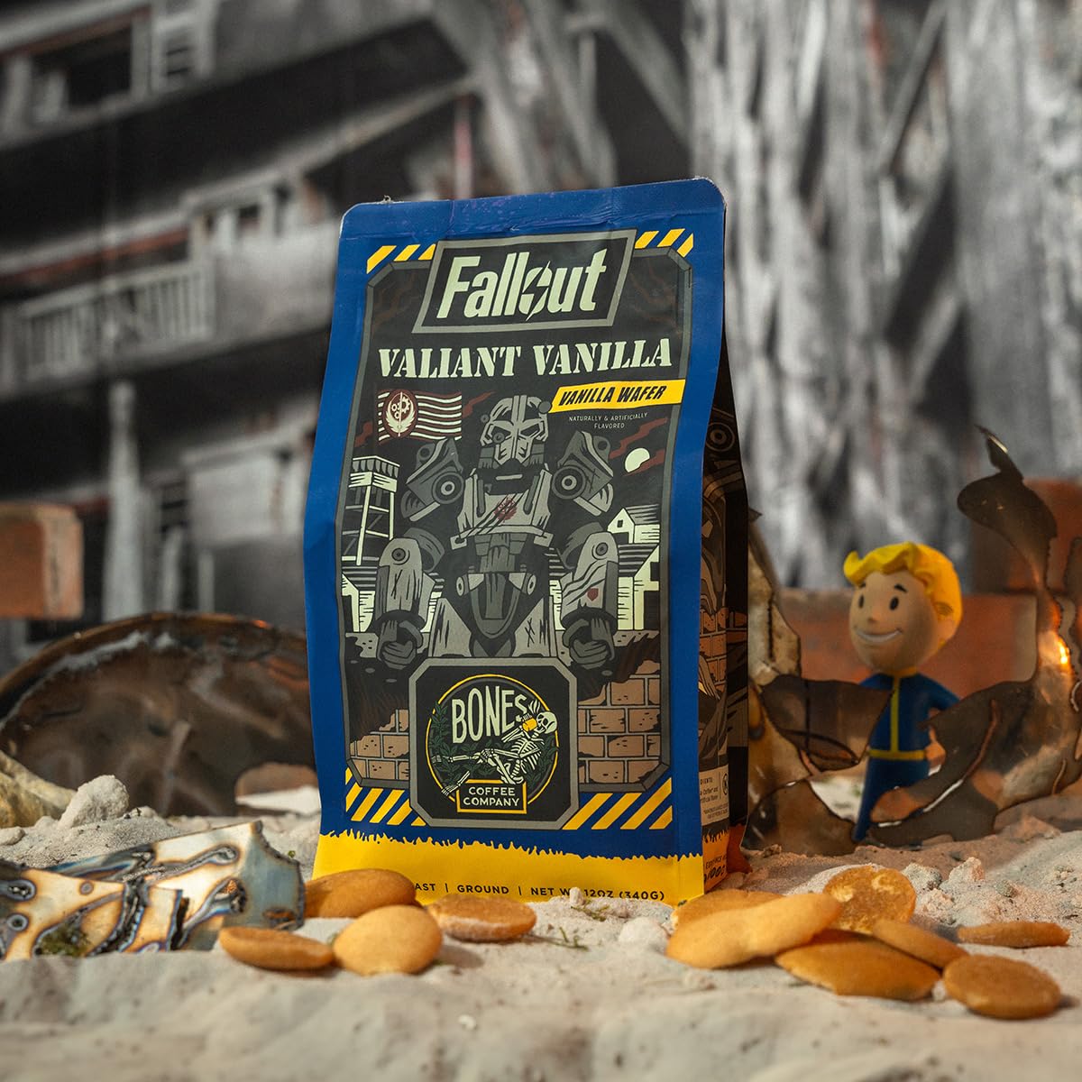 Bones Coffee Valiant Vanilla ground coffee ready for auto drip brewing.